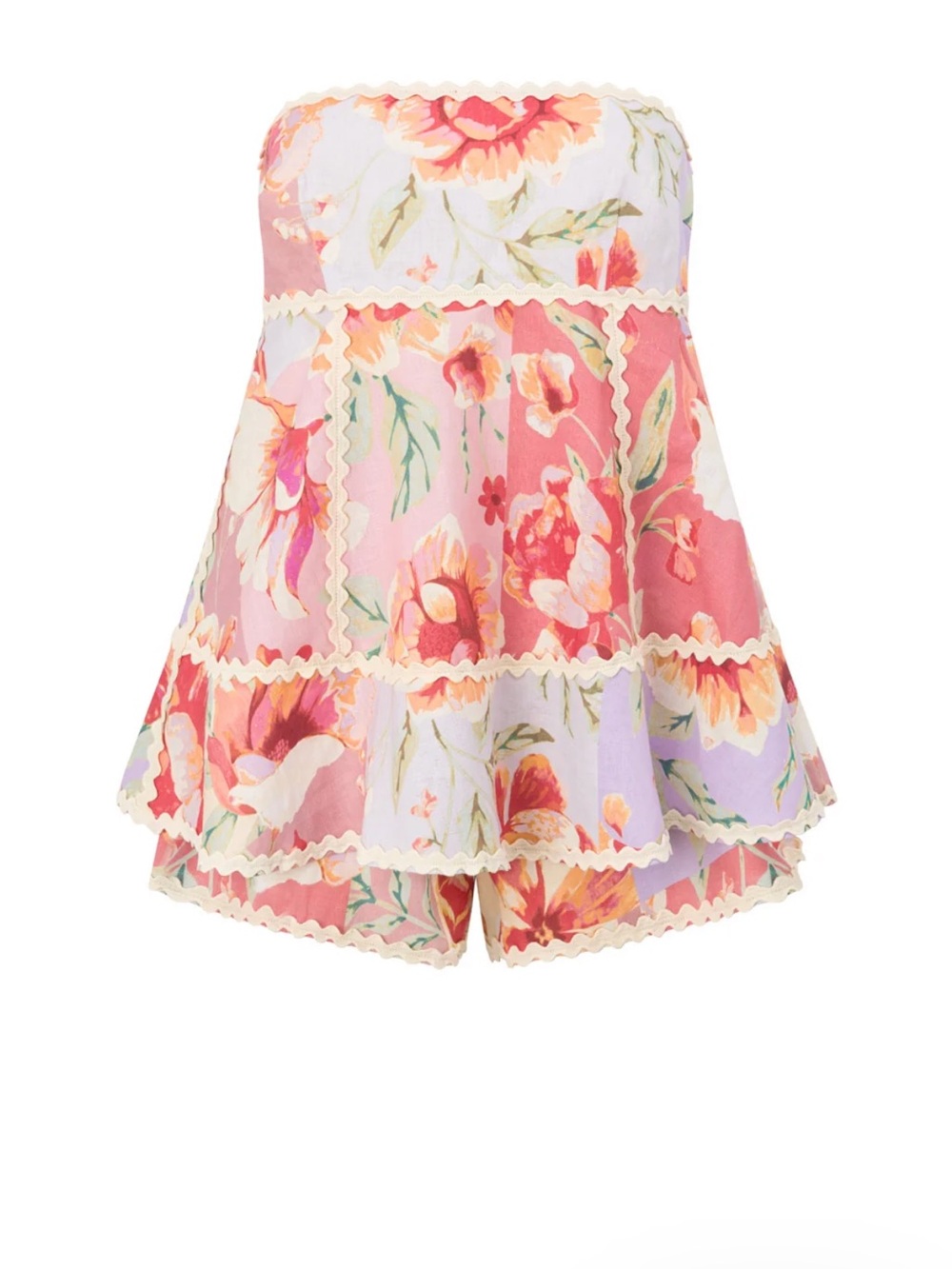 Floral Tiered Strapless Skort Romper - Pink Multi